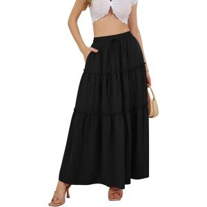 imageNASHALYLY Skirts for Women Boho Elastic Waisted Drawstring Swing Ruched 3 Tiered Maxi Skirt with PocketsBlack
