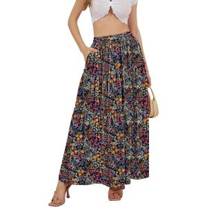 imageNASHALYLY Skirts for Women Boho Elastic Waisted Drawstring Swing Ruched 3 Tiered Maxi Skirt with PocketsBlack Floral80