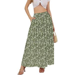 imageNASHALYLY Skirts for Women Boho Elastic Waisted Drawstring Swing Ruched 3 Tiered Maxi Skirt with PocketsGreen White Flower