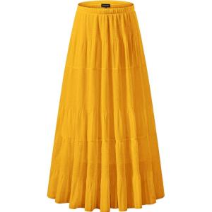 imageNASHALYLY Womens Chiffon Elastic High Waist Pleated ALine Flared Maxi SkirtsMustard Yellow