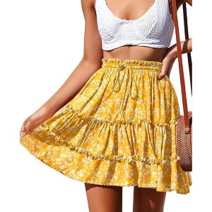 imageNASHALYLY Womens Summer Boho Floral Print Mini Skirt High Waist Drawstring Tiered SkirtsFlower4