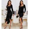 imageNASHALYLY Elegant Velvet Dress for WomenSexy Long Sleeve Bodycon Mermaid Dress Ruched Cocktail Party Wedding Square NeckBlack
