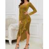 imageNASHALYLY Elegant Velvet Dress for WomenSexy Long Sleeve Bodycon Mermaid Dress Ruched Cocktail Party Wedding Square NeckChampagne