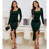 imageNASHALYLY Elegant Velvet Dress for WomenSexy Long Sleeve Bodycon Mermaid Dress Ruched Cocktail Party Wedding Square NeckGreen