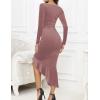 imageNASHALYLY Elegant Velvet Dress for WomenSexy Long Sleeve Bodycon Mermaid Dress Ruched Cocktail Party Wedding Square NeckMauve