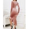 imageNASHALYLY Elegant Velvet Dress for WomenSexy Long Sleeve Bodycon Mermaid Dress Ruched Cocktail Party Wedding Square NeckPink