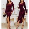 imageNASHALYLY Elegant Velvet Dress for WomenSexy Long Sleeve Bodycon Mermaid Dress Ruched Cocktail Party Wedding Square NeckWine Red