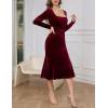imageNASHALYLY Velvet Dress for Women Long Sleeve Bodycon Square Neck Cocktail Party Evening Midi Dresses