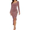 imageNASHALYLY Elegant Velvet Dress for WomenSexy Long Sleeve Bodycon Mermaid Dress Ruched Cocktail Party Wedding Square NeckMauve
