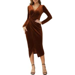 imageNASHALYLY Elegant Velvet Dress for Women Wrap V Neck Long Sleeve Split Bodycon Ruched Cocktail Party Maxi DressBrownS