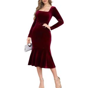 imageNASHALYLY Velvet Dress for Women Long Sleeve Bodycon Square Neck Cocktail Party Evening Midi Dresses