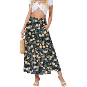 imageNASHALYLY Womens High Waisted Maxi SkirtElastic Chiffon Boho Long Skirt with PocketsBlack Yellow Flower