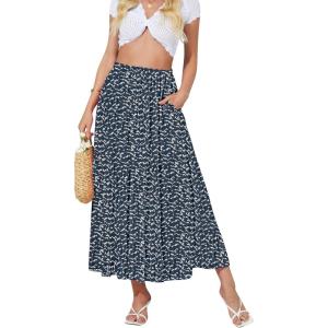 imageNASHALYLY Womens High Waisted Maxi SkirtElastic Chiffon Boho Long Skirt with PocketsDeep Blue White Print