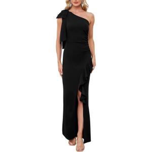 imageNASHALYLY Womens One Shoulder Formal Dresses Elegant Ruched Bodycon Slit Cocktail Mermaid Evening Long Dress