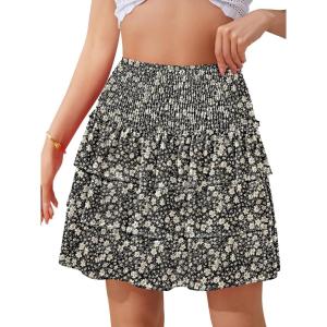 imageNASHALYLY Womens High Waist Ruffle Mini Skirt Cute Elastic Casual Boho Floral Short SkirtBlack White Flower