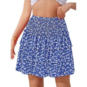 imageNASHALYLY Womens High Waist Ruffle Mini Skirt Cute Elastic Casual Boho Floral Short SkirtBlue White Floral