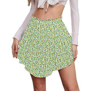 imageNASHALYLY Womens Mini Skirt Ruffle High Waist Elastic Boho Flowy Chiffon Tiered Skirt with ShortsYellow Green Floral