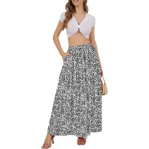 imageNASHALYLY Skirts for Women Boho Elastic Waisted Drawstring Swing Ruched 3 Tiered Maxi Skirt with PocketsWhite Black Floral