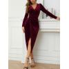 imageNASHALYLY Elegant Velvet Dress for Women Wrap V Neck Long Sleeve Split Bodycon Ruched Cocktail Party Maxi DressWine Red