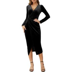 imageNASHALYLY Elegant Velvet Dress for Women Wrap V Neck Long Sleeve Split Bodycon Ruched Cocktail Party Maxi DressBlack
