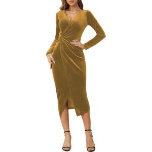 imageNASHALYLY Elegant Velvet Dress for Women Wrap V Neck Long Sleeve Split Bodycon Ruched Cocktail Party Maxi DressChampagne