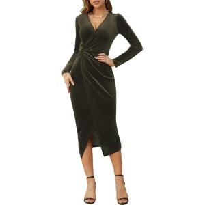 imageNASHALYLY Elegant Velvet Dress for Women Wrap V Neck Long Sleeve Split Bodycon Ruched Cocktail Party Maxi DressDark Army Green