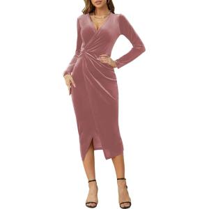 imageNASHALYLY Elegant Velvet Dress for Women Wrap V Neck Long Sleeve Split Bodycon Ruched Cocktail Party Maxi DressPink