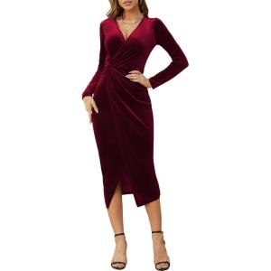 imageNASHALYLY Elegant Velvet Dress for Women Wrap V Neck Long Sleeve Split Bodycon Ruched Cocktail Party Maxi DressWine Red