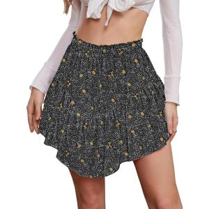 imageNASHALYLY Womens Mini Skirt Ruffle High Waist Elastic Boho Flowy Chiffon Tiered Skirt with ShortsBlack Yellow Floral