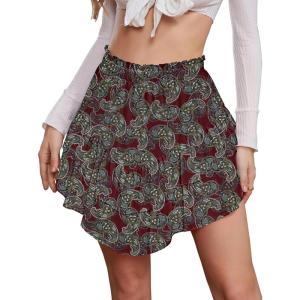 imageNASHALYLY Womens Mini Skirt Ruffle High Waist Elastic Boho Flowy Chiffon Tiered Skirt with ShortsRed Green Paisley