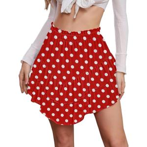 imageNASHALYLY Womens Mini Skirt Ruffle High Waist Elastic Boho Flowy Chiffon Tiered Skirt with ShortsRed White Dot