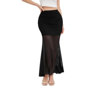 imageNASHALYLY Womens Ruched Mermaid Mesh Long Skirt High Waisted Bodycon Fishtail Maxi Skirts 2025 TrendyBlack