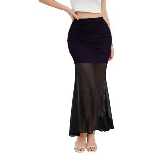 imageNASHALYLY Womens Ruched Mermaid Mesh Long Skirt High Waisted Bodycon Fishtail Maxi Skirts 2025 TrendyDark Purple