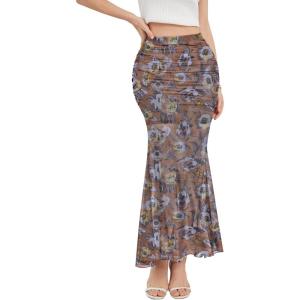 imageNASHALYLY Womens Ruched Mermaid Mesh Long Skirt High Waisted Bodycon Fishtail Maxi Skirts 2025 TrendyDusty Pink Floral