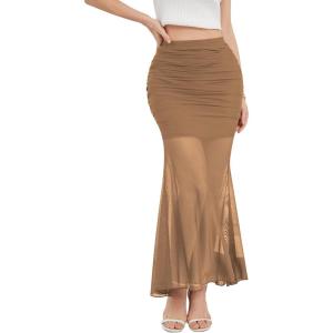 imageNASHALYLY Womens Ruched Mermaid Mesh Long Skirt High Waisted Bodycon Fishtail Maxi Skirts 2025 TrendyKhaki