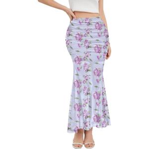 imageNASHALYLY Womens Ruched Mermaid Mesh Long Skirt High Waisted Bodycon Fishtail Maxi Skirts 2025 TrendyPurple Floral