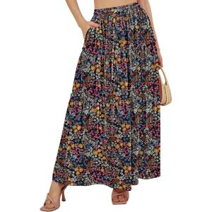 imageNASHALYLY Skirts for Women Boho Elastic Waisted Drawstring Swing Ruched 3 Tiered Maxi Skirt with PocketsBlack Floral80