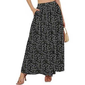 imageNASHALYLY Skirts for Women Boho Elastic Waisted Drawstring Swing Ruched 3 Tiered Maxi Skirt with PocketsBlack White Floral5