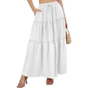 imageNASHALYLY Skirts for Women Boho Elastic Waisted Drawstring Swing Ruched 3 Tiered Maxi Skirt with PocketsWhite