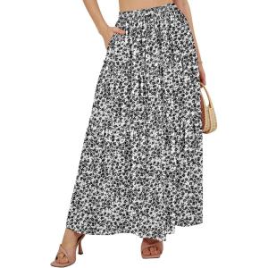 imageNASHALYLY Skirts for Women Boho Elastic Waisted Drawstring Swing Ruched 3 Tiered Maxi Skirt with PocketsWhite Black Floral