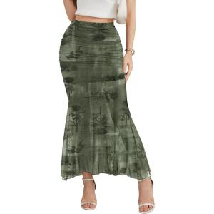 imageNASHALYLY Womens Ruched Mermaid Mesh Long Skirt High Waisted Bodycon Fishtail Maxi Skirts 2025 TrendyGreen Floral