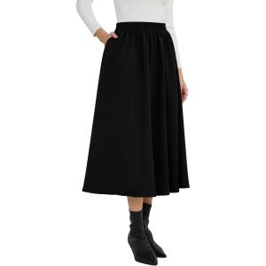 imageNASHALYLY Womens Midi Skirt High Waisted ALine Pleated Elastic Casual Long Skirt with PocketsBlack