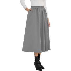 imageNASHALYLY Womens Midi Skirt High Waisted ALine Pleated Elastic Casual Long Skirt with PocketsGrey