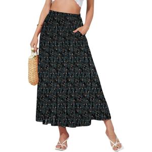 imageNASHALYLY Womens High Waisted Maxi SkirtElastic Chiffon Boho Long Skirt with PocketsBlack Green Leaves