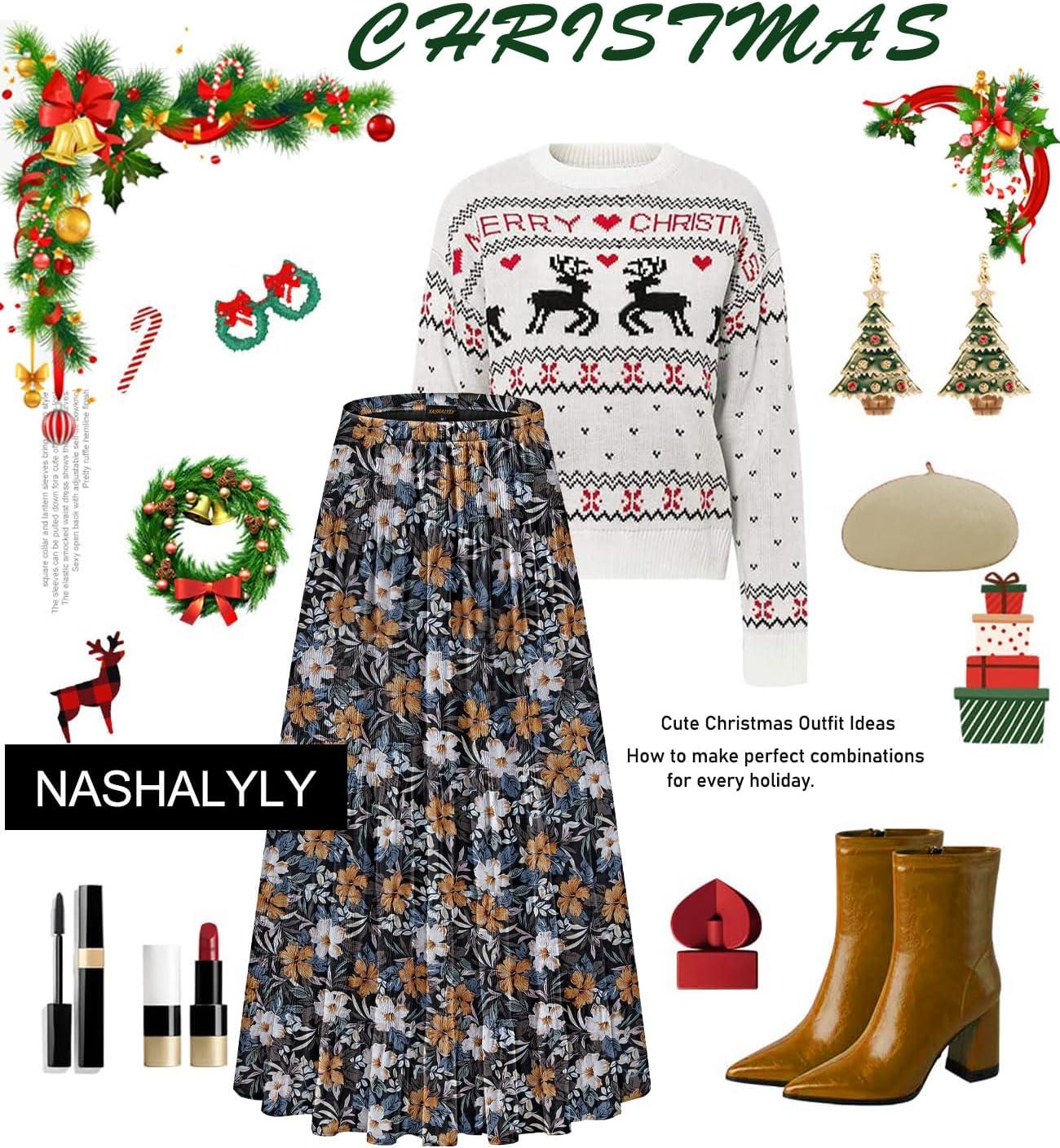 imageNASHALYLY Womens Chiffon Elastic High Waist Pleated ALine Flared Maxi SkirtsBlack Floral a