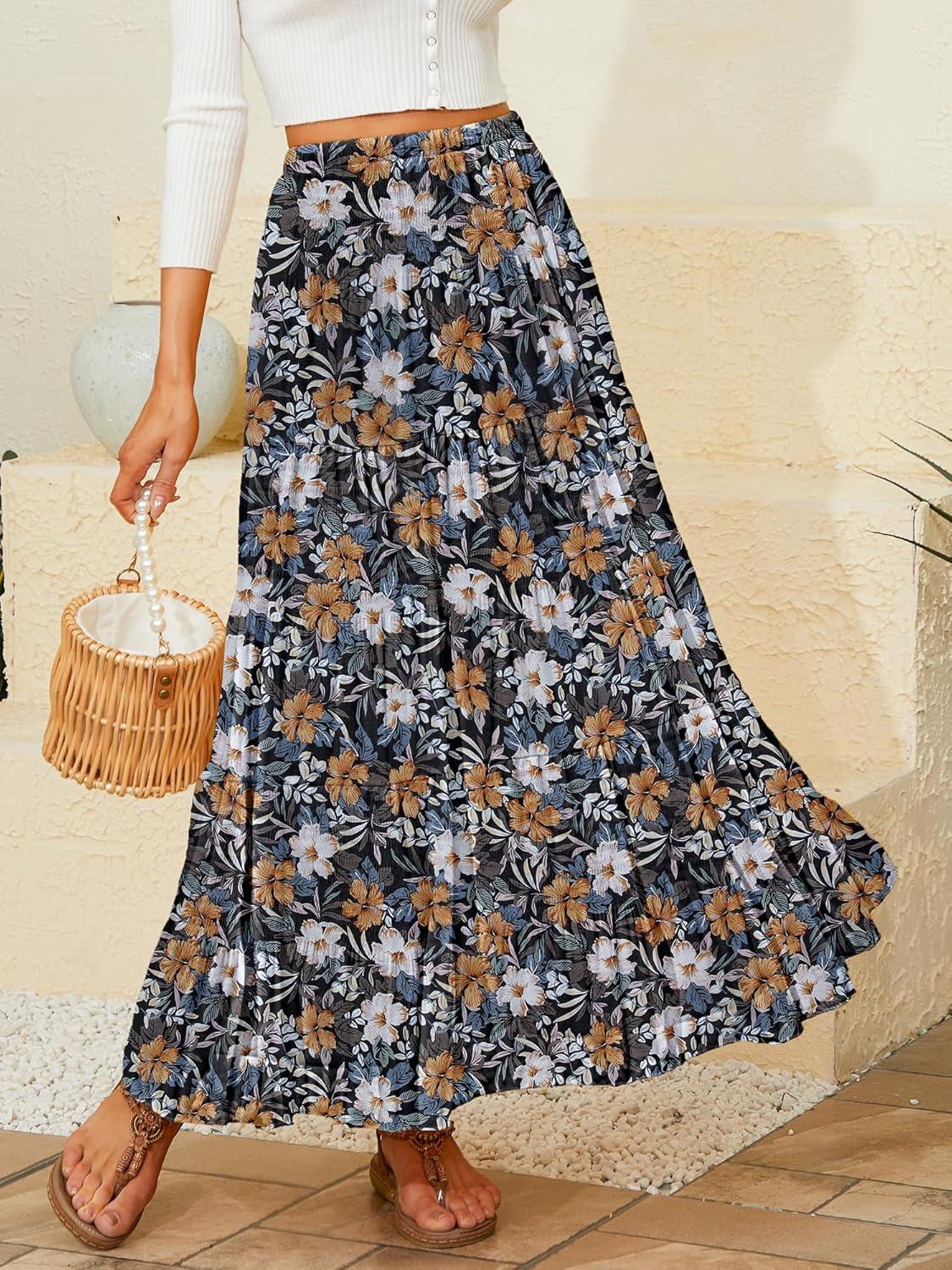 imageNASHALYLY Womens Chiffon Elastic High Waist Pleated ALine Flared Maxi SkirtsBlack Floral a