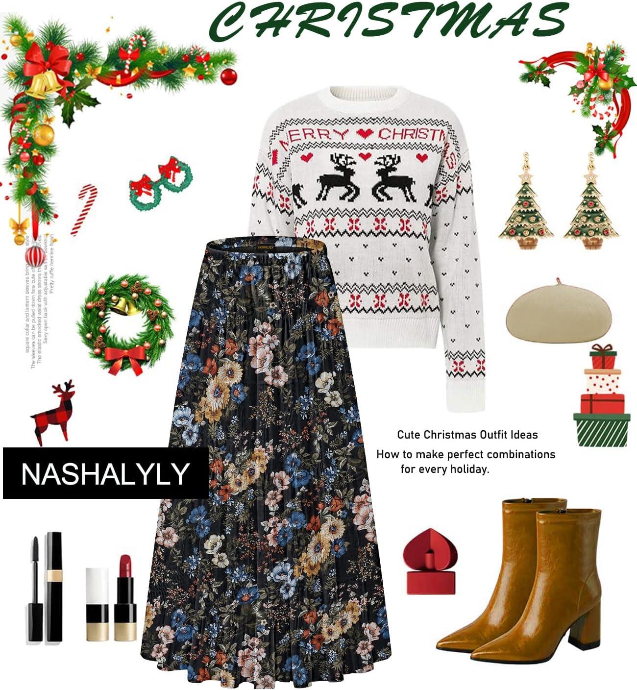 imageNASHALYLY Womens Chiffon Elastic High Waist Pleated ALine Flared Maxi SkirtsBlack Floralb