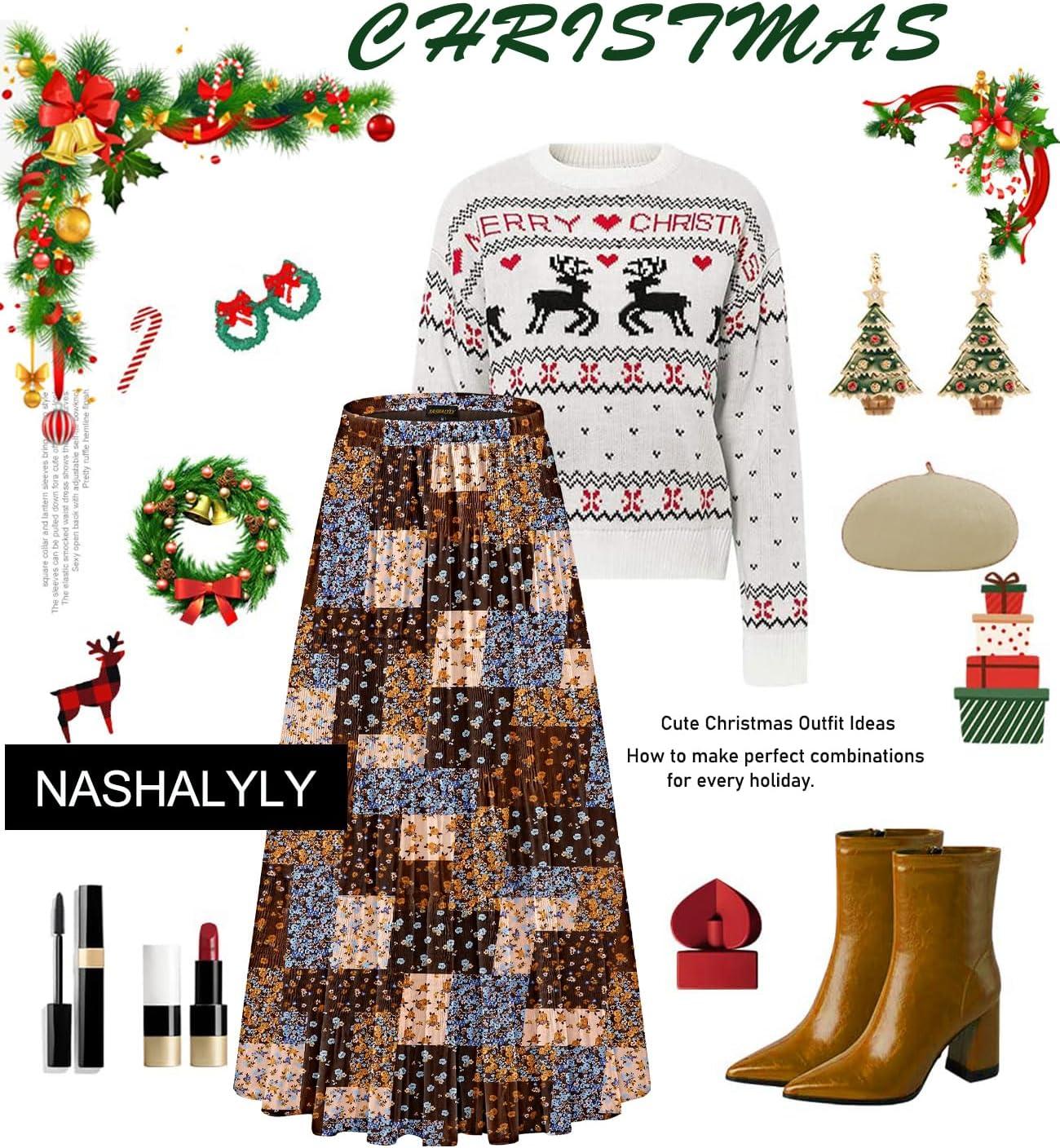 imageNASHALYLY Womens Chiffon Elastic High Waist Pleated ALine Flared Maxi SkirtsBrown B Floral