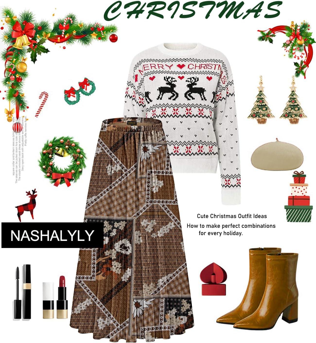 imageNASHALYLY Womens Chiffon Elastic High Waist Pleated ALine Flared Maxi SkirtsCoffee White Floral