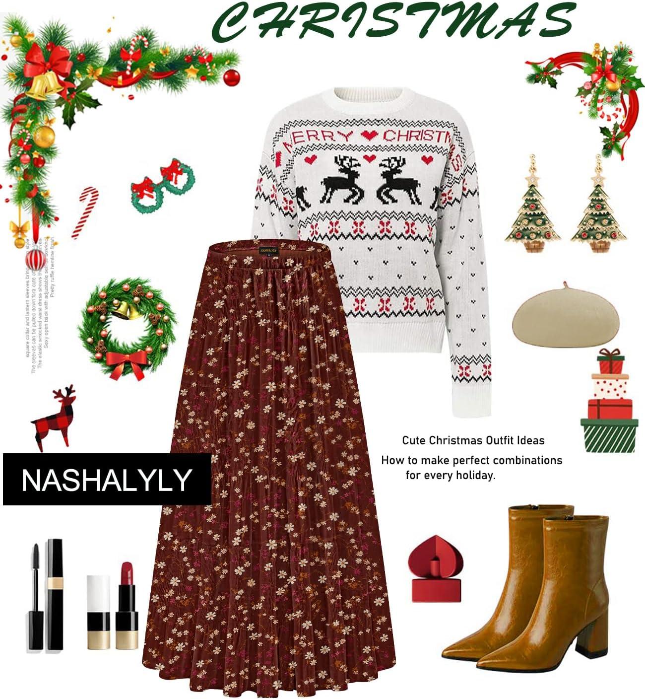 imageNASHALYLY Womens Chiffon Elastic High Waist Pleated ALine Flared Maxi SkirtsReddish Brown Flower